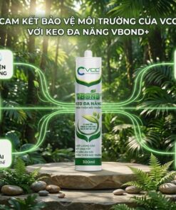 Infographic Keo đa năng VBond+ VCC trong bối cảnh rừng xanh, tóm tắt 6 cam kết bảo vệ môi trường và sức khỏe người dùng.