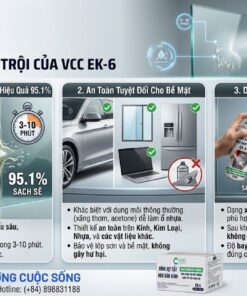 Đồ họa tóm tắt 3 ưu điểm lớn của VCC EK-6: Thẩm thấu sâu hiệu quả 95.1%, an toàn tuyệt đối cho bề mặt sơn/nhựa/kính, và dễ dàng sử dụng không để lại cặn bám.