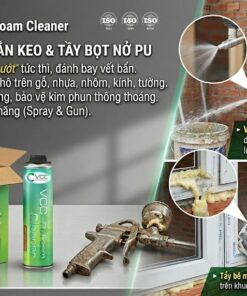 Ảnh VCC PU Foam Cleaner 500ml hiển thị thùng hàng, chai xịt có vòi chuyên dụng và các thao tác thi công thực tế như vệ sinh súng bắn keo, tẩy bọt PU còn ướt trên khung cửa nhôm kính.