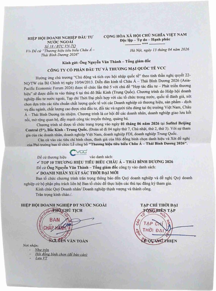 Thư đề cử VCC - Top 10 Thương hiệu tiêu biểu Châu Á – Thái Bình Dương 2026. » VCC Sealant - Sản xuất, phân phối keo silicone và chất kết dính chuyên nghiệp Hư đề Cử Công Ty Vcc Vào Top 10 Thương Hiệu Tiêu Biểu Châu Á Thái Bình Dương 2026 Và Tổng Giám đốc Nguyễn Văn Thành Danh Hiệu Doanh Nhân Xuất Sắc Thời đại Mới