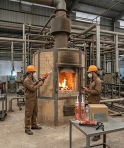 Hai công nhân bảo trì một lò gạch hình lục giác đang cháy bằng keo trám chịu nhiệt độ cực cao VCC V103 . Người kia xem máy tính bảng.