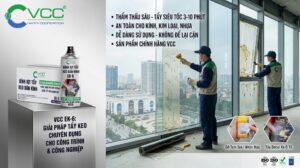 Nhân viên kỹ thuật sử dụng xịt tẩy keo VCC EK-6 vệ sinh vết keo trên kính tòa nhà, loại bỏ decal xe và tem nhãn mác hiệu quả, an toàn cho bề mặt.