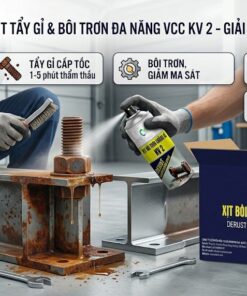 Hình ảnh xịt tẩy rỉ sét đa năng VCC KV-2 đang được thi công thực tế trên bu lông gỉ sét tại công trình, đi kèm thùng sản phẩm 24 chai 450ml.