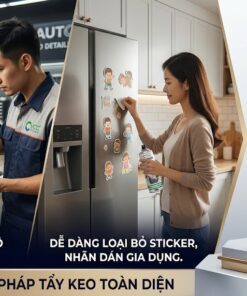 Hình ảnh so sánh ứng dụng xịt tẩy keo VCC EK-6: Kỹ thuật viên tẩy decal xe hơi và người dùng tẩy nhãn dán trên tủ lạnh gia đình, kèm logo và thùng sản phẩm VCC.