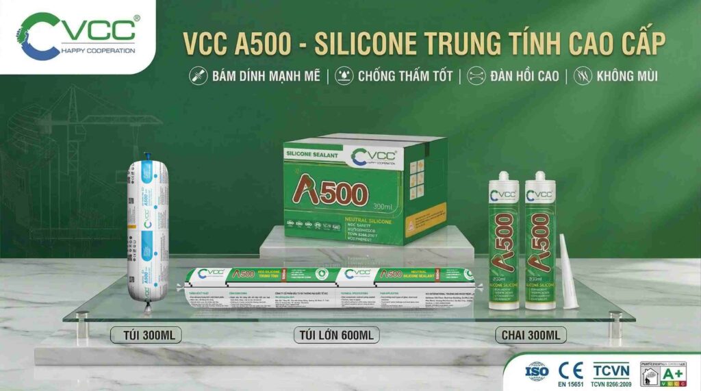 Bộ Sản Phẩm Keo Silicone Trung Tính Vcc A500 Dạng Chai 300ml Và Túi 300ml Kèm Súng Bắn Keo Và Thùng đựng Sản Phẩm Chuyên Nghiệp