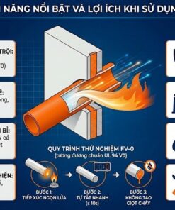 Infographic mặt cắt xuyên tường tóm tắt các tính năng kỹ thuật và lợi ích của Keo Chống Cháy Lan VCC V101: Chống cháy cấp FV-0 và EI240 đến 4 giờ, bám dính đa vật liệu, an toàn, tiết kiệm chi phí.
