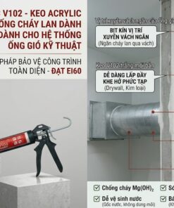 Hình ảnh keo chống cháy lan VCC V102 dạng chai trắng và bối cảnh thi công bịt lỗ mở kỹ thuật xuyên tường ngăn khói và lửa lan truyền cho hệ thống ống gió kim loại và bó cáp kỹ thuật, đạt chuẩn EI60. Hiển thị các ưu điểm bám dính tốt, sơn phủ được, an toàn, và các chứng nhận SGS, ASTM, khí thải A+.