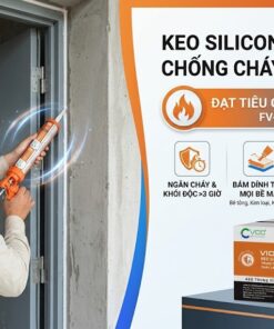 Một công nhân dùng súng bắn keo VCC thi công keo silicone chống cháy lan VCC V101 cấp FV-0 tại khe cửa công trình. Ảnh nổi bật các ưu điểm bám dính, đàn hồi và kháng UV.