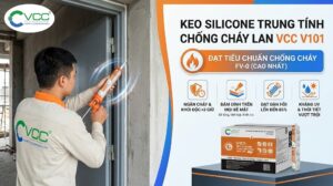 Một công nhân dùng súng bắn keo VCC thi công keo silicone chống cháy lan VCC V101 cấp FV-0 tại khe cửa công trình. Ảnh nổi bật các ưu điểm bám dính, đàn hồi và kháng UV.