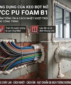 Infographic keo bọt nở VCC PU Foam B1 cho thấy các ứng dụng tại công trình: trám lỗ xuyên tường, bọc ống, lắp cửa. Hình ảnh lon sản phẩm 750mL với súng phun và dải văn bản nêu các tính năng: CHỐNG CHÁY LAN - CÁCH NHIỆT - CÁCH ÂM - ĐẠT CHUẨN GB 8624 TƯƠNG ĐƯƠNG CẤP B1 (DIN 4102).