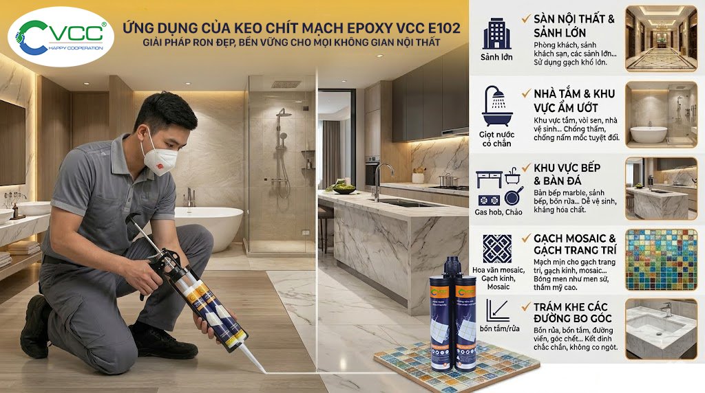 Tổng Hợp ứng Dụng Keo Chít Mạch Epoxy Vcc E102 Cho Nhà Tắm Chống Thấm Nhà Bếp Kháng Dầu Mỡ Gạch Mosaic Và Sảnh Khách Sạn Sang Trọng