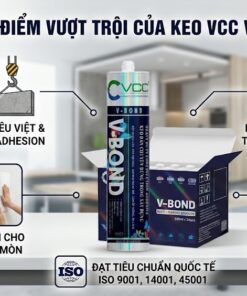 Infographic quảng cáo chi tiết các ưu điểm của keo dán xây dựng VCC V-Bond Nội Thất đa năng. Ảnh thể hiện: Bám dính siêu việt Heavy Duty, nhanh khô tiết kiệm thời gian, an toàn tuyệt đối cho gương không ăn mòn, ít mùi thân thiện môi trường và sức khỏe. Chai keo 300ml và thùng 24 chai nổi bật trên nền bối cảnh thi công sang trọng, đạt chuẩn quốc tế ISO.