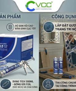 Infographic chi tiết đặc tính, quy cách đóng gói và ứng dụng thi công keo Silicone dán gương VCC 803 không ăn mòn lớp tráng bạc.