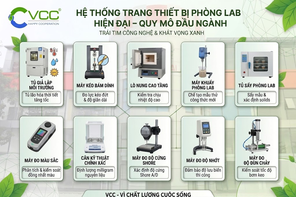 Hệ thống thiết bị đo lường kiểm định chuẩn quốc tế tại R&D VCC » VCC Sealant - Sản xuất, phân phối keo silicone và chất kết dính chuyên nghiệp Hệ Thống 10 Trang Thiết Bị Phòng Lab Hiện đại Tại Phòng Rd Vcc Bao Gồm Tủ Giả Lập Môi Trường Máy Kéo Bám Dính Lò Nung Cao Tầng Máy đo độ Nhớt Và Cân Kỹ Thuật Vcc Sealant Sản Xuất Phân Phối Keo Silicone Và Chất Kết Dính Chuyên Nghiệp