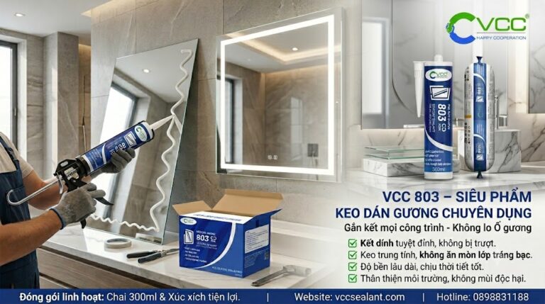 Keo dán gương VCC 803 - Siêu phẩm silicone trung tính không ố gương » VCC Sealant - Sản xuất, phân phối keo silicone và chất kết dính chuyên nghiệp Hình ảnh Thợ Thi Công Dùng Keo Dán Gương Chuyên Dụng Vcc 803 Bôi Lên Mặt Sau Gương Phòng Tắm Banner Hiển Thị Sản Phẩm Keo Silicone Trung Tính Vcc 803 Dạng Chai 300ml Và Xúc Xích Với ưu điểm Bám Dính Tuyệt đỉnh Không ăn Mòn Lớp Tráng Bạc Hotline 0898831188 Vcc Sealant Sản Xuất Phân Phối Keo Silicone Và Chất Kết Dính Chuyên Nghiệp