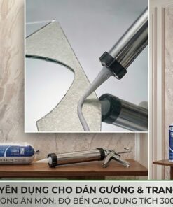 Infographic chi tiết về keo dán gương VCC 803, trình bày 5 đặc tính (không ăn mòn, khô nhanh, bám dính tốt) và minh họa cảnh thi công thực tế dán gương trang trí hình học đa giác. Hiển thị quy cách sản phẩm thùng, chai, xúc xích.