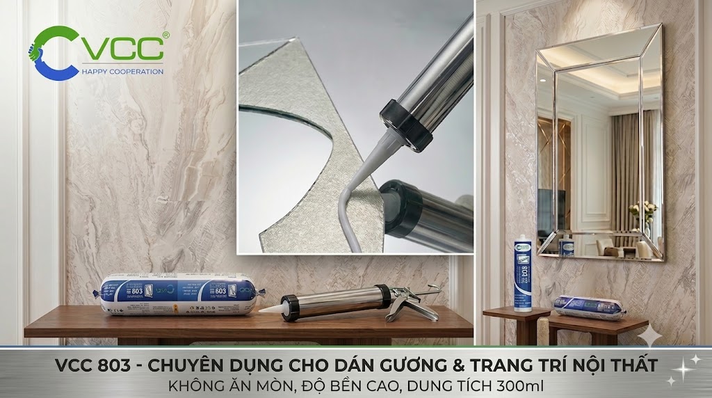 VCC 803 - Keo dán gương chuyên dụng, bám dính đa vật liệu » VCC Sealant - Sản xuất, phân phối keo silicone và chất kết dính chuyên nghiệp Infographic Chi Tiết Về Keo Dán Gương Vcc 803 Trình Bày 5 đặc Tính không ăn Mòn Khô Nhanh Bám Dính Tốt Và Minh Họa Cảnh Thi Công Thực Tế Dán Gương Trang Trí Hình Học đa Giác Hiển Thị Quy Cách Sản Phẩm Thùng Chai Xúc Xích Vcc Sealant Sản Xuất Phân Phối Keo Silicone Và Chất Kết Dính Chuyên Nghiệp
