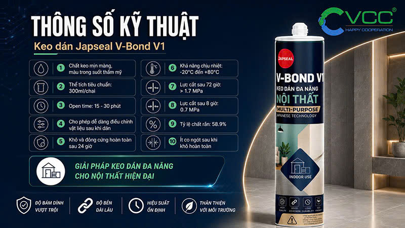 Thông số kỹ thuật keo dán Japseal V-Bond V1 – VCC Sealant - Sản xuất, phân phối keo silicone và chất kết dính chuyên nghiệp Bảng Thông Số Kỹ Thuật Chi Tiết Của Keo Dán đa Năng Japseal V bond V1 Dùng Cho Nội Thất Vcc Sealant Sản Xuất Phân Phối Keo Silicone Và Chất Kết Dính Chuyên Nghiệp