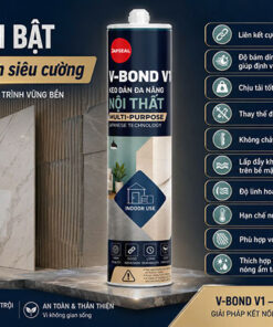 Infographic 10 ưu điểm nổi bật của keo dán Japseal V-Bond V1. Nổi bật là khả năng bám dính siêu cường.interior finishing adhesive; a worker tiles a wall with the canister centered and a list of product benefits on the right.
