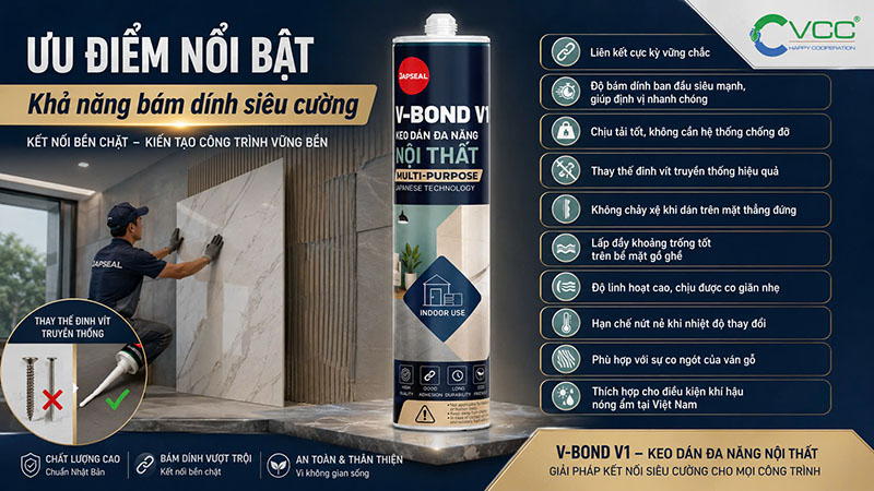 Ưu điểm bám dính siêu cường keo Japseal V-Bond V1 – VCC Sealant - Sản xuất, phân phối keo silicone và chất kết dính chuyên nghiệp Infographic 10 ưu điểm Nổi Bật Của Keo Dán Japseal V bond V1 Nổi Bật Là Khả Năng Bám Dính Siêu Cườnginterior Finishing Adhesive a Worker Tiles a Wall with the Canister Centered and a List of Product Benefits on the Right Vcc Sealant Sản Xuất Phân Phối Keo Silicone Và Chất Kết Dính Chuyên Nghiệp