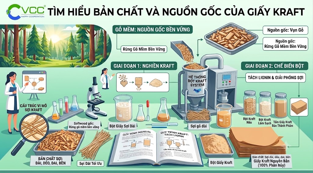 Tìm hiểu Bản chất và Nguồn gốc Giấy Kraft - VCC – VCC Sealant - Sản xuất, phân phối keo silicone và chất kết dính chuyên nghiệp Hình ảnh Infographic Chi Tiết Về Bản Chất Và Nguồn Gốc Của Giấy Kraft Do Vcc Trình Bày Nội Dung Giải Thích Quy Trình Sản Xuất Bền Vững Từ Rừng Gỗ Mềm Và Vụn Gỗ đi Qua hệ Thống Bột Kraft System Với Các Giai đoạn nghiền Kraft Và chế Biến Bột nhấn Mạnh tách Lignin Giải Phóng Sợi Minh Họa Các Nhà Khoa Học Làm Việc Trong Phòng Thí Nghiệm Kính Hiển Vi Và Các Bình Chứa Bột Giấy ở Các Giai đoạn Như Bột Sợi Dài Bột Sạch Và Bán Thành Phẩm Cuối Cùng Cho Thấy Các Chồng Giấy Thành Phẩm Với đặc Tính Sợi Dài Dẻo Dai Bền Và giấy Kraft Nguyên Bản 100 Phân Hủy Vcc Sealant Sản Xuất Phân Phối Keo Silicone Và Chất Kết Dính Chuyên Nghiệp