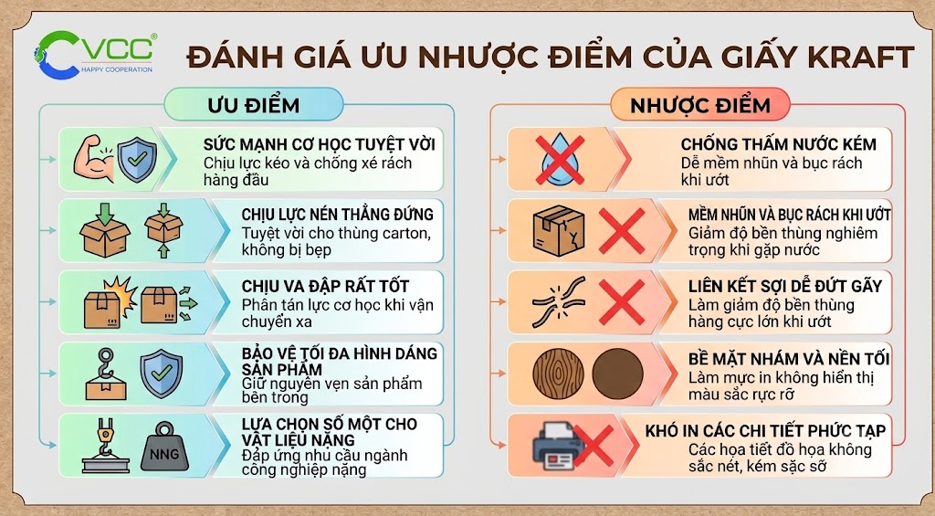 Bảng Infographic So Sánh Ưu Nhược Điểm Của Giấy Kraft - VCC – VCC Sealant - Sản xuất, phân phối keo silicone và chất kết dính chuyên nghiệp Hình ảnh Infographic So Sánh Chi Tiết ưu Và Nhược điểm Của Giấy Kraft Ưu điểm Gồm Sức Mạnh Cơ Học Tốt Chịu Nén Chịu Va đập Bảo Vệ Sản Phẩm Phù Hợp Vật Liệu Nặng Nhược điểm Gồm Chống Nước Kém Dễ Mềm Nhũn Liên Kết Sợi Dễ đứt Gãy Khó in Màu Sắc Rực Rỡ Và Chi Tiết Phức Tạp Vcc Sealant Sản Xuất Phân Phối Keo Silicone Và Chất Kết Dính Chuyên Nghiệp