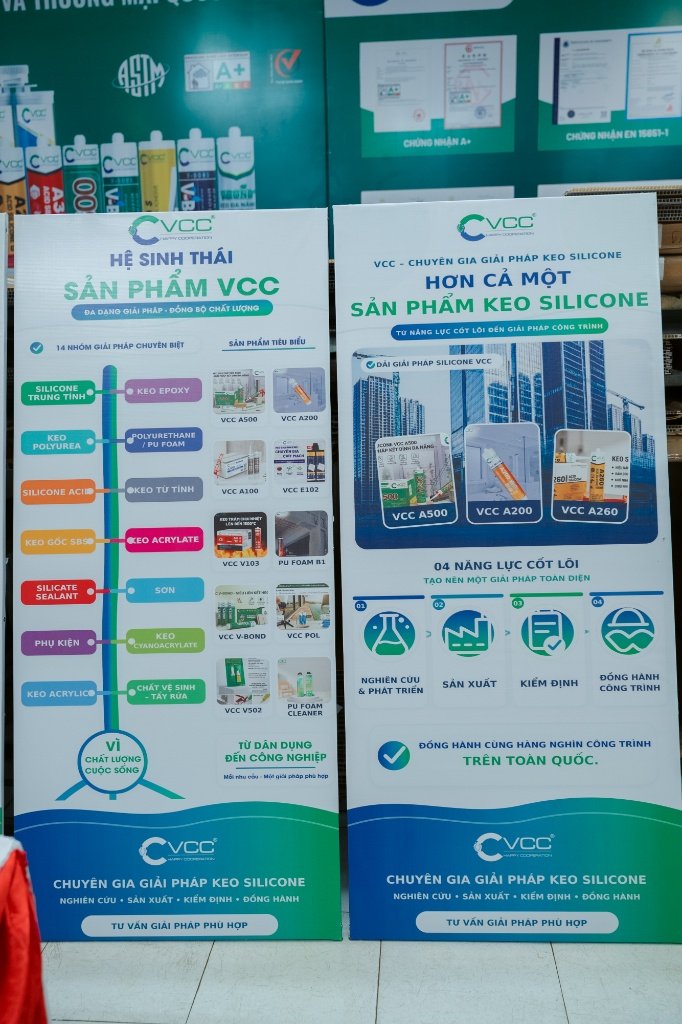 Chi tiết hệ sinh thái giải pháp và năng lực cốt lõi tại tổng kho VCC tại Tây Nguyên – VCC Sealant - Sản xuất, phân phối keo silicone và chất kết dính chuyên nghiệp Standee Giới Thiệu 14 Nhóm Giải Pháp Vật Liệu Chuyên Biệt Và 4 Năng Lực Cốt Lõi Của Hãng Tại Sự Kiện Khai Trương Tổng Kho Vcc Tại Tây Nguyên Vcc Sealant Sản Xuất Phân Phối Keo Silicone Và Chất Kết Dính Chuyên Nghiệp