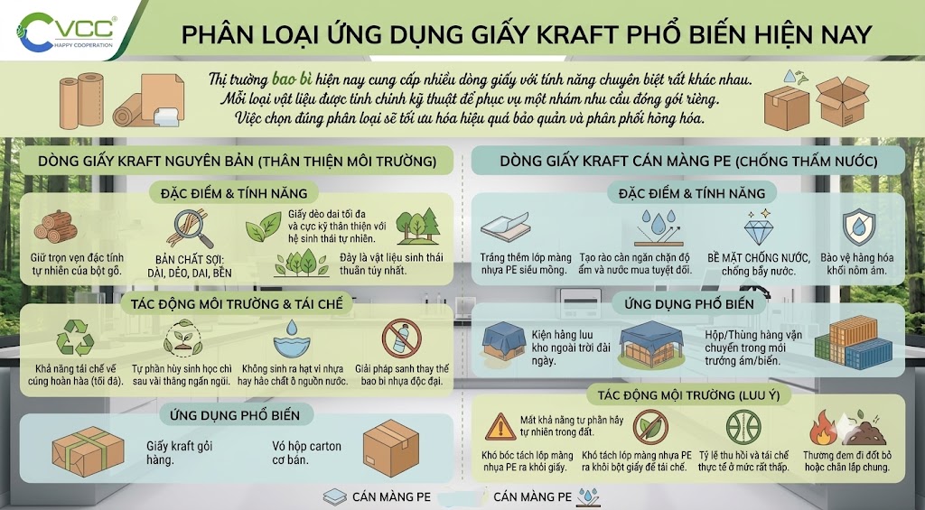 Phân Loại Ứng Dụng Các Dòng Giấy Kraft - Giải Pháp Bao Bì VCC – VCC Sealant - Sản xuất, phân phối keo silicone và chất kết dính chuyên nghiệp Infographic Phân Loại ứng Dụng Giấy Kraft Phổ Biến Hiện Nay Bảng So Sánh Chi Tiết Giữa Dòng Giấy Kraft Nguyên Bản Thân Thiện Môi Trường Và Dòng Giấy Kraft Cán Màng Pe Chống Thấm Nước Của Vcc Vcc Sealant Sản Xuất Phân Phối Keo Silicone Và Chất Kết Dính Chuyên Nghiệp