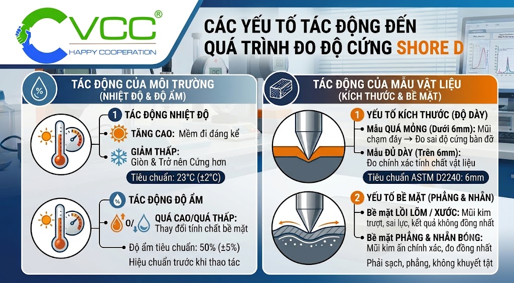 Sơ đồ các yếu tố tác động đến quá trình đo độ cứng Shore D – VCC Sealant - Sản xuất, phân phối keo silicone và chất kết dính chuyên nghiệp Infographic Của Vcc Sealant Mô Tả Các Yếu Tố ảnh Hưởng đến độ Cứng Shore D Bảng Trái Hiển Thị Tác động Của Môi Trường Nhiệt độ sunmềm Snowflakecứng Và Độ ẩm Bảng Phải Hiển Thị Tác động Của Mẫu Vật Liệu Kích Thước quá Mỏngchạm đáy Đủ Dày Và Bề Mặt lồi Lõmtrượt Phẳng Nhẵn Bóng Các Sơ đồ Quy Trình đo Và Giá Trị đo Thực Tế được Hiển Thị Vcc Sealant Sản Xuất Phân Phối Keo Silicone Và Chất Kết Dính Chuyên Nghiệp