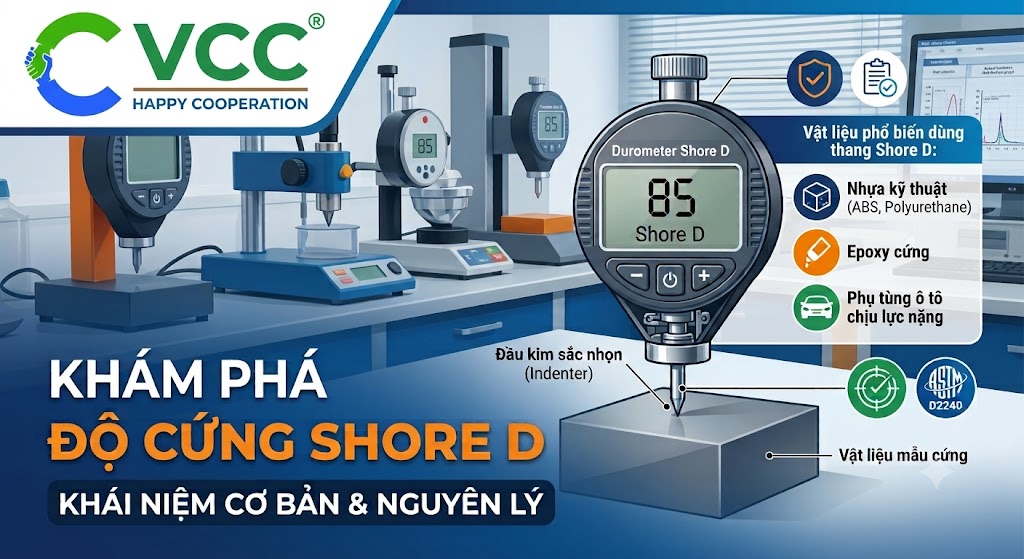 Khám Phá Độ Cứng Shore D và Máy Đo Durometer – VCC Sealant - Sản xuất, phân phối keo silicone và chất kết dính chuyên nghiệp Hình ảnh Infographic Kỹ Thuật Về độ Cứng Shore D Trong Phòng Thí Nghiệm Máy đo Durometer Vcc Hiển Thị Giá Trị 85 Shore D Trên Mẫu Vật Liệu Cứng Văn Bản Tiếng Việt Vcc Sealant Sản Xuất Phân Phối Keo Silicone Và Chất Kết Dính Chuyên Nghiệp'Khám phá Độ Cứng Shore D' và danh sách vật liệu gồm nhựa kỹ thuật và epoxy cứng.