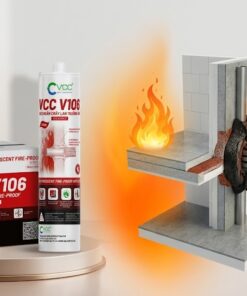 Minh họa sản phẩm chai keo VCC V106 và thùng keo với mô hình phồng nở ngăn lửa.