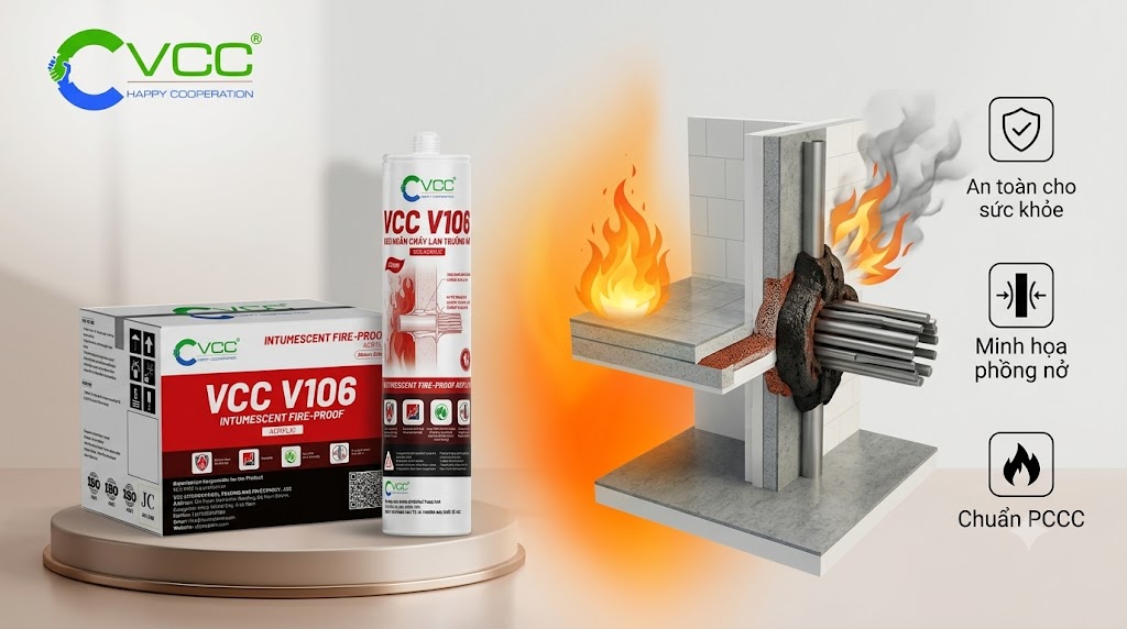 Keo chống cháy lan trương nở VCC V106 chuẩn PCCC – VCC Sealant - Sản xuất, phân phối keo silicone và chất kết dính chuyên nghiệp Minh Họa Sản Phẩm Chai Keo Vcc V106 Và Thùng Keo Với Mô Hình Phồng Nở Ngăn Lửa Vcc Sealant Sản Xuất Phân Phối Keo Silicone Và Chất Kết Dính Chuyên Nghiệp