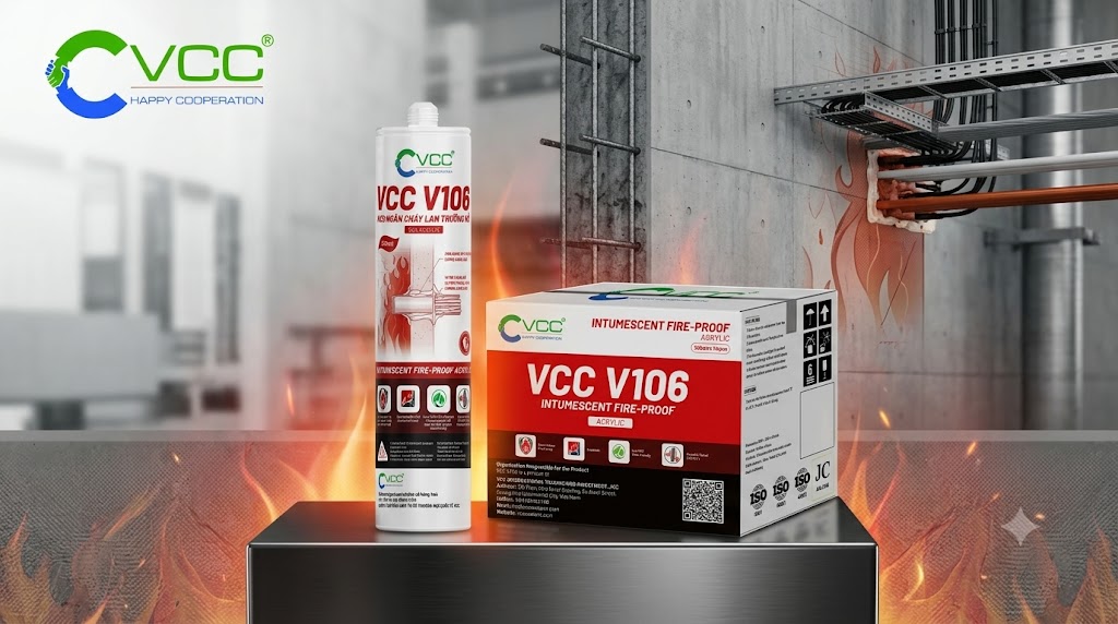 Keo chống cháy lan trương nở VCC V106 chuẩn kiểm định PCCC – VCC Sealant - Sản xuất, phân phối keo silicone và chất kết dính chuyên nghiệp Keo Chống Cháy Lan Trương Nở Vcc V106 Dạng Chai Và Thùng Kèm Logo Vcc Chính Hãng Vcc Sealant Sản Xuất Phân Phối Keo Silicone Và Chất Kết Dính Chuyên Nghiệp