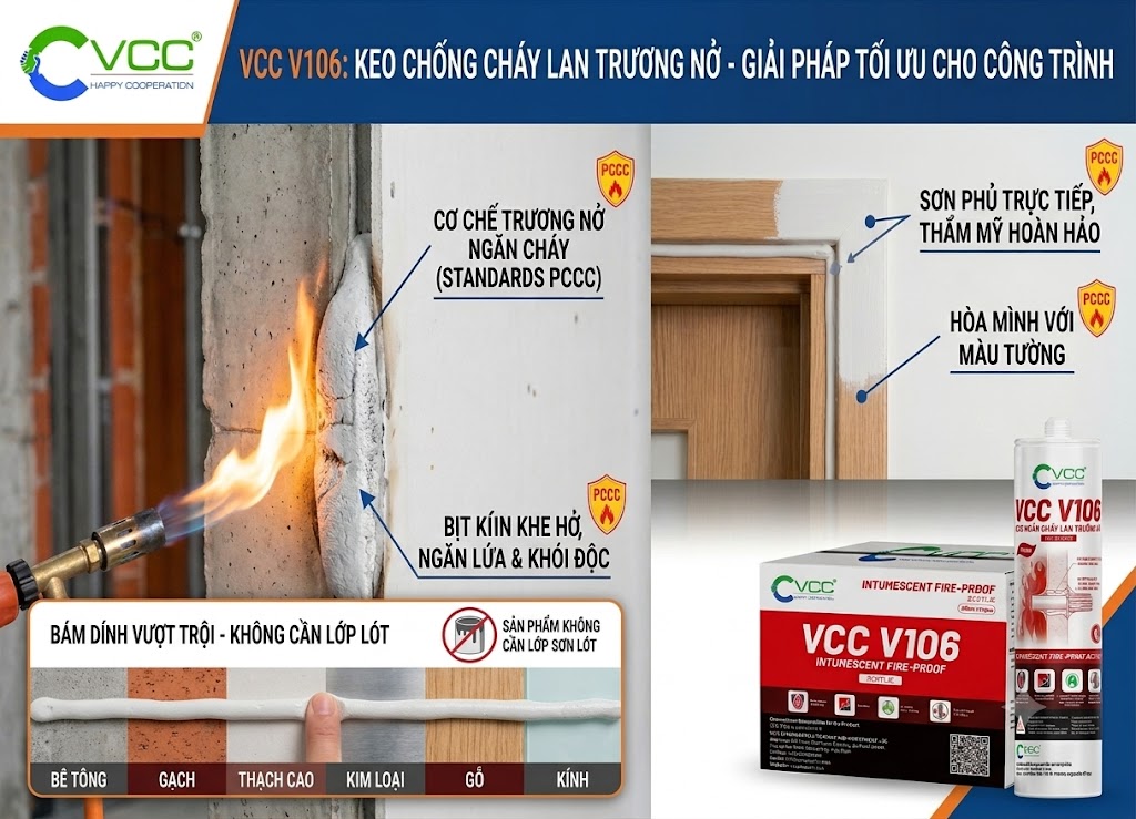 VCC V106: Keo Acrylic Ngăn Cháy Lan Trương Nở - Giải Pháp Tối Ưu – VCC Sealant - Sản xuất, phân phối keo silicone và chất kết dính chuyên nghiệp Keo Ngăn Cháy Lan Trương Nở Vcc V106 Chuẩn Pccc Bám Dính đa Vật Liệu Trên Bê Tông Gỗ Kính Sơn Phủ Trực Tiếp Vcc Sealant Sản Xuất Phân Phối Keo Silicone Và Chất Kết Dính Chuyên Nghiệp