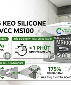 Đồ họa thông tin keo silicone biến tính VCC MS100 (MS Polymer). Các tính năng chính: Siêu chịu lực 1.2 MPa, Định vị cực nhanh dưới 1 phút định vị ban đầu, Độ đàn hồi 175% độ giãn dài hấp thụ chuyển động. Thích hợp dán gương, kính, phào chỉ, gỗ, kim loại.