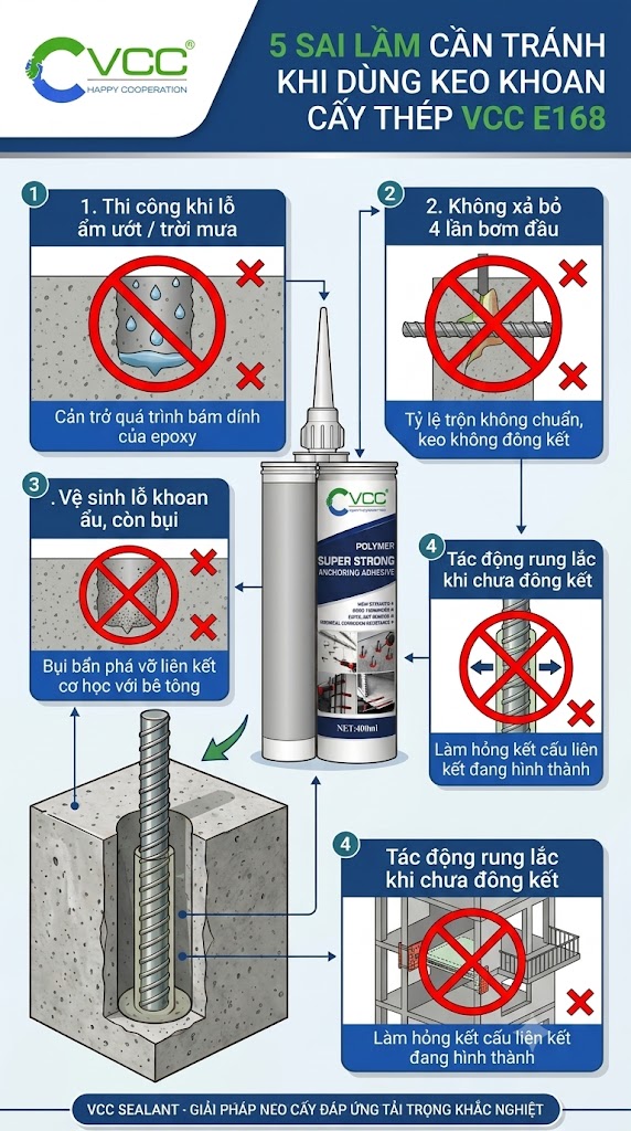 Sai lầm cần tránh khi dùng keo khoan cấy thép tại công trường - VCC E168 – VCC Sealant - Sản xuất, phân phối keo silicone và chất kết dính chuyên nghiệp Tổng Hợp Các Sai Lầm Kỹ Thuật Nguy Hiểm Khi Dùng Keo Khoan Cấy Thép Vcc E168 Thi Công Lỗ Khoan ẩm ướt Không Xả Bỏ 4 Lần Bóp Cò đầu Vệ Sinh Bụi Bẩn Không Sạch Và Tác động Rung Lắc Khi Keo Chưa Khô Hoàn Toàn Vcc Sealant Sản Xuất Phân Phối Keo Silicone Và Chất Kết Dính Chuyên Nghiệp