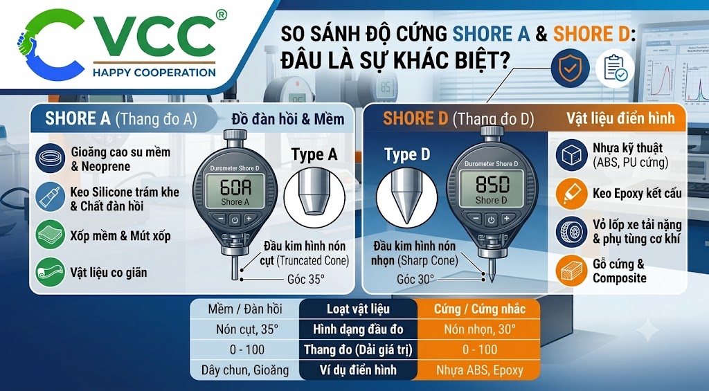 Bảng So Sánh Chi Tiết Độ Cứng Shore A & Shore D – VCC Sealant - Sản xuất, phân phối keo silicone và chất kết dính chuyên nghiệp Bảng Infographic Kỹ Thuật Của Vcc So Sánh Thang đo độ Cứng Shore a Và Shore D Cột Trái Giới Thiệu Shore a Cho Vật Liệu Mềm Như Cao Su Và Silicone Hiển Thị Máy đo Type a Và đầu Kim Nón Cụt Cột Phải Giới Thiệu Shore D Cho Vật Liệu Cứng Như Nhựa Abs Và Epoxy Hiển Thị Máy đo Type D Và đầu Kim Nón Nhọn Một Bảng Tóm Tắt Nhanh So Sánh Các đặc điểm Khác Biệt được Hiển Thị ở Phía Dưới Vcc Sealant Sản Xuất Phân Phối Keo Silicone Và Chất Kết Dính Chuyên Nghiệp