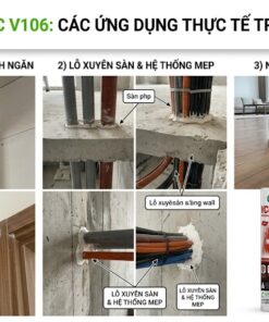 Ứng dụng thực tế keo chống cháy lan trương nở VCC V106 trám khe khung cửa, vách thạch cao, bịt lỗ xuyên sàn MEP và hoàn thiện nội thất chống thấm ẩm.