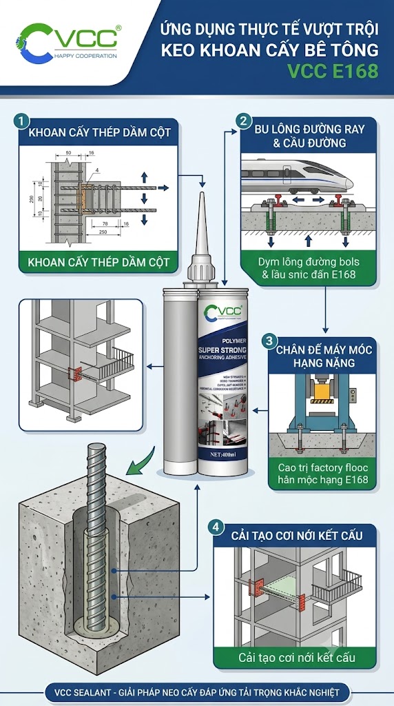 Ứng dụng thực tế vượt trội của keo cấy bê tông VCC E168 trong xây dựng – VCC Sealant - Sản xuất, phân phối keo silicone và chất kết dính chuyên nghiệp Infographic About Vcc E168 Structural Epoxy Adhesive with Four Installation Steps and a Central Cartridge Diagram Vcc Sealant Sản Xuất Phân Phối Keo Silicone Và Chất Kết Dính Chuyên Nghiệp