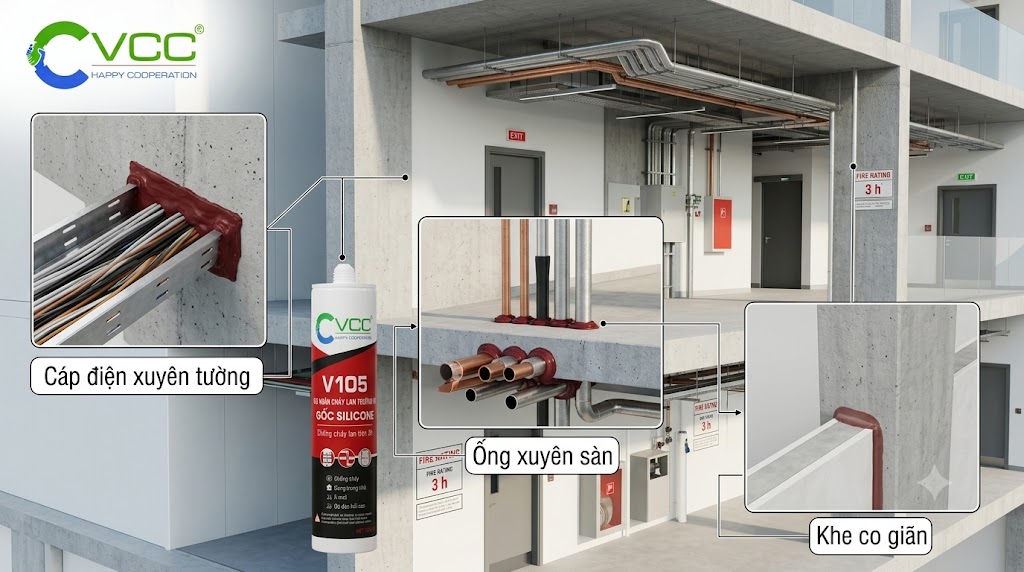 Ứng dụng thực tế của keo silicone chống cháy lan trương nở ngăn khói VCC V105 – VCC Sealant - Sản xuất, phân phối keo silicone và chất kết dính chuyên nghiệp Mặt Cắt 3d Các Vị Trí ứng Dụng Keo Silicone Chống Cháy Lan Vcc V105 Tại Cổ ống Xuyên Sàn Và Cáp điện Xuyên Tường Vcc Sealant Sản Xuất Phân Phối Keo Silicone Và Chất Kết Dính Chuyên Nghiệp