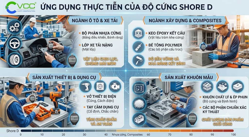 Ứng dụng thực tế của Độ cứng Shore D – VCC Sealant - Sản xuất, phân phối keo silicone và chất kết dính chuyên nghiệp Infographic Kỹ Thuật Về 4 Lĩnh Vực ứng Dụng Thực Tế Của Độ Cứng Shore D Bao Gồm Ngành Ô Tô Xe Tải Xây Dựng Composites Sản Xuất Thiết Bị Dụng Cụ Và Sản Xuất Khuôn Mẫu Các Kỹ Sư Việt Nam đang Sử Dụng Máy đo độ Cứng Shore D Trên Các Mẫu Vật Liệu Như Dashboard Bê Tông Polymer Vỏ Thiết Bị Và Khuôn Mẫu Bảng Thang đo Shore D Chi Tiết ở Phía Dưới Logo Vcc Hiển Thị ở Góc Trên Bên Trái Vcc Sealant Sản Xuất Phân Phối Keo Silicone Và Chất Kết Dính Chuyên Nghiệp