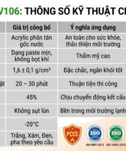 Bảng dữ liệu kỹ thuật chi tiết keo silicone VCC V106 với thông số, ứng dụng và các chứng nhận chính thức ISO 9001, 14001, 45001, PCCC.