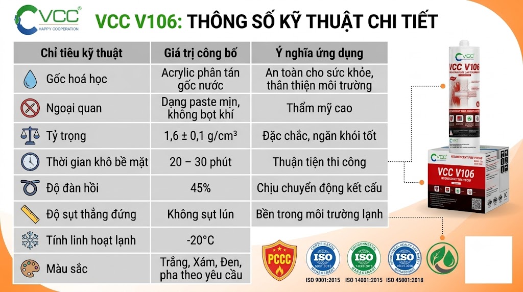 Thông số kĩ thuật keo acrylic chống cháy lan trương nở VCC V106 – VCC Sealant - Sản xuất, phân phối keo silicone và chất kết dính chuyên nghiệp Bảng Dữ Liệu Kỹ Thuật Chi Tiết Keo Silicone Vcc V106 Với Thông Số ứng Dụng Và Các Chứng Nhận Chính Thức Iso 9001 14001 45001 Pccc Vcc Sealant Sản Xuất Phân Phối Keo Silicone Và Chất Kết Dính Chuyên Nghiệp