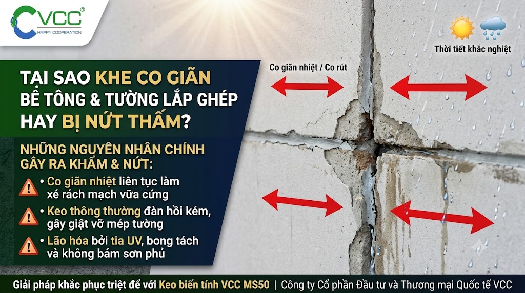 Nguyên Nhân Tại Sao Khe Co Giãn Bê Tông Và Tường Lắp Ghép Hay Bị Nứt Thấm Và Giải Pháp Khắc Phục Bằng Keo Biến Tính Vcc Ms50  Vcc Sealant   Sản Xuất Phân Phối Keo Silicone Và Chất Kết Dính Chuyên Nghiệp